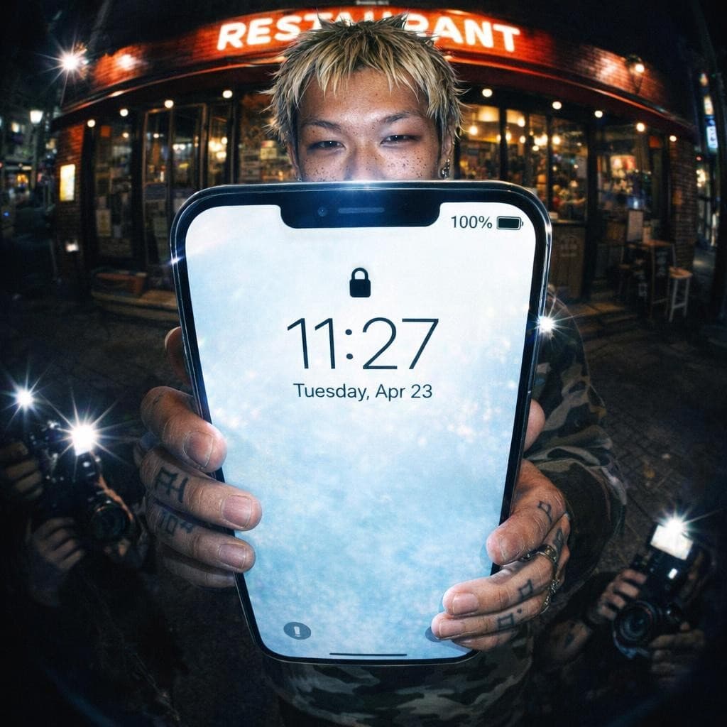 AI generated: urban restaurant exterior at night, harsh direct flash photography, gritty candid street scene

a pe...
