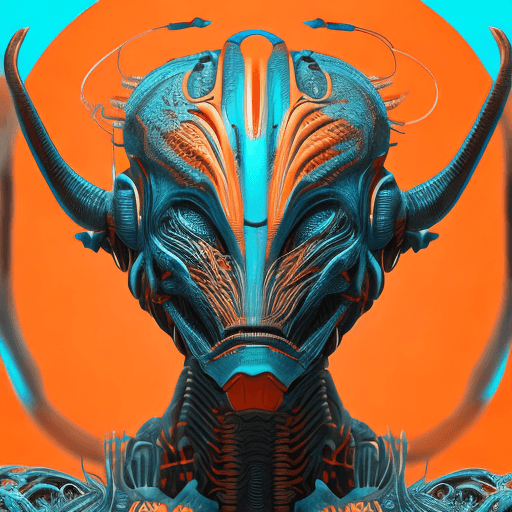 AI generated: alien cyborg art and illustration by theo el, in the style of balanced symmetry, light orange and cy...