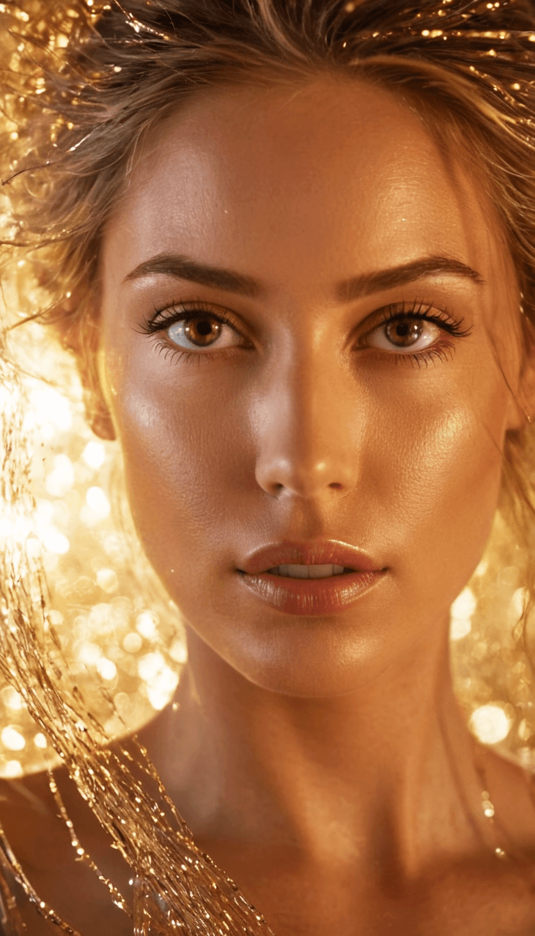 AI generated: digital art, fashion editorial, a close portrait of beautiful woman glowing from a soft golden light...