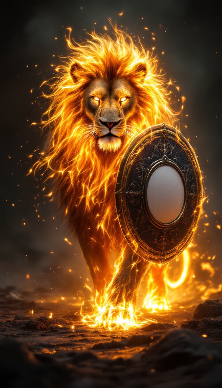 AI generated: A majestic, larger than life depiction, (THE SHIELD IS AN IMPORTANT PART OF THE COMPOSITION) A majes...