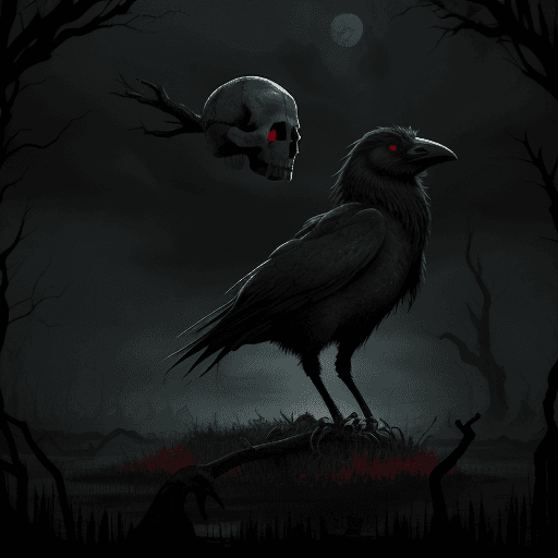 AI generated:  swamp under a gloomy sky, with a crow perched on a decayed skull. The full moon behind the crow mak...