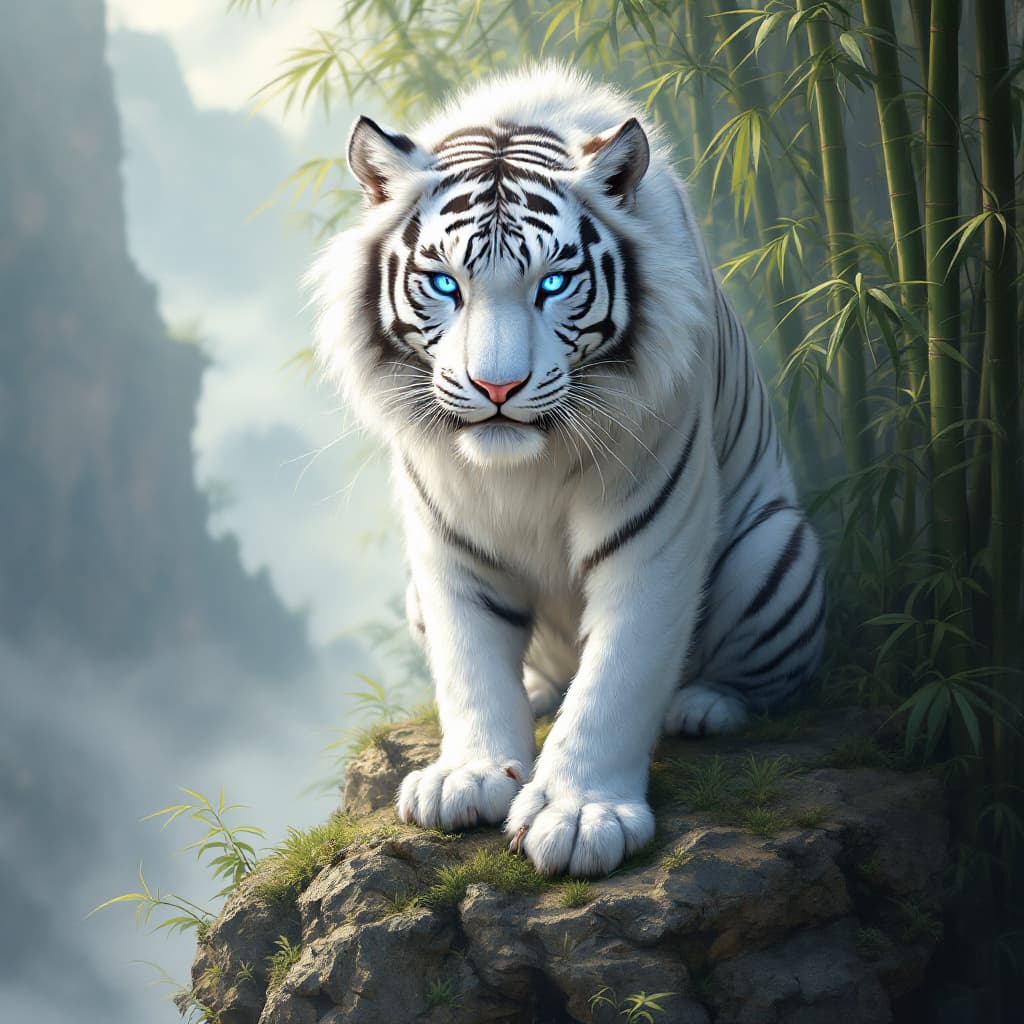 AI generated: mythical white tiger with sapphire eyes atop misty bamboo cliffs --v 7 --ar 3:2 --style oriental fan...