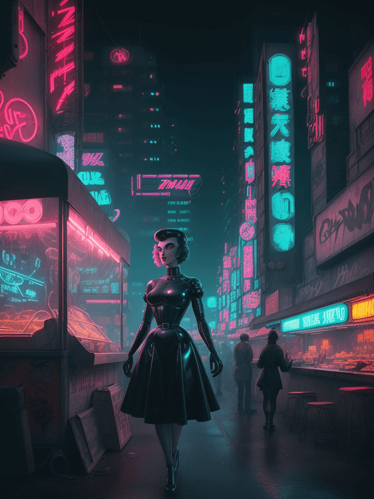AI generated: girl from the 1950s using a food vendor futuristic design, electronic artwork, manga character, tech...