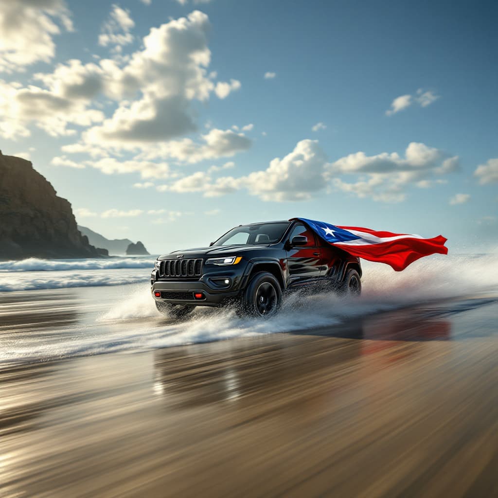 AI generated: Hyper realistic photo of a speeding 2023 Jeep Mojave color black on a beach, using the puerto rican ...