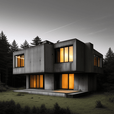AI generated: A realistic photo of a house in brutalist style, where the walls are predominantly made of windows. ...