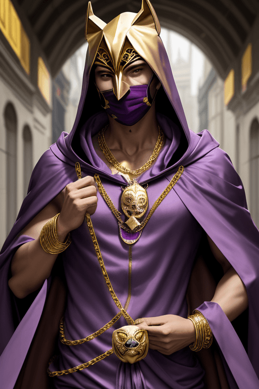 AI generated: Man in purple cloak hood, golden triangle mask, gold chains and jewellery