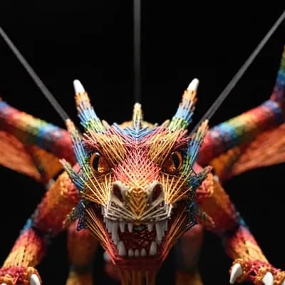AI generated video: String art style, string art style create a string artwork using colored thread of a dragon in fligh...