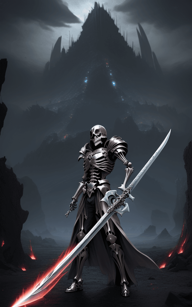 AI generated: explosive background breathtaking qt-kt skeleton lord sheild sword anime metallic finish breathtakin...