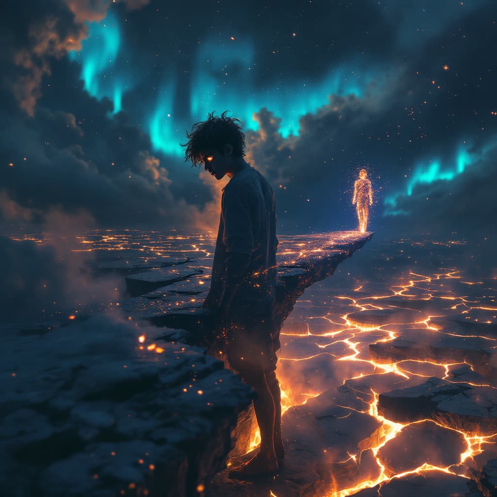 AI generated: An emotional young man standing at the edge of a shattered world, glowing cracks beneath his feet, s...