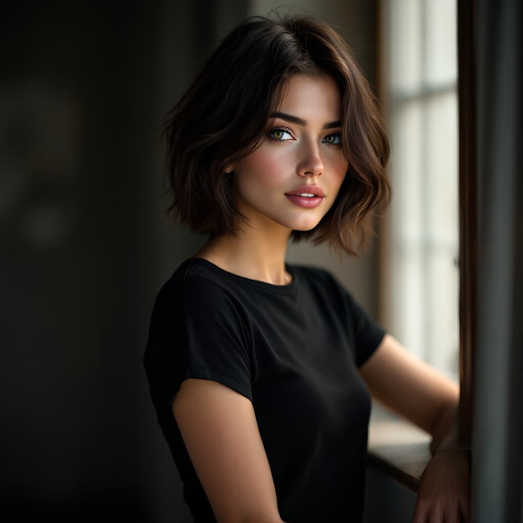 AI generated: Detailed and realistic portrait of beautiful modern female with dark brown bob length hair, she is a...