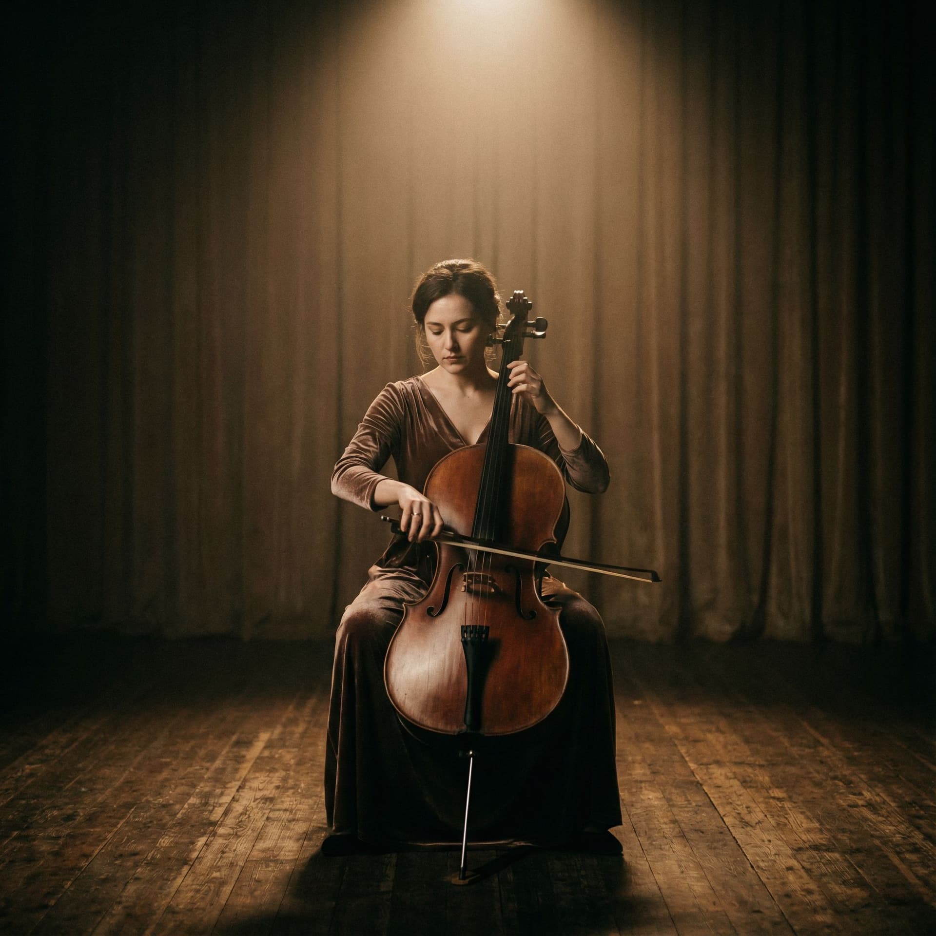 AI generated: hauntingly beautiful portrait of a gorgeous lady playing a cello on a dark stage. The stage is dark ...