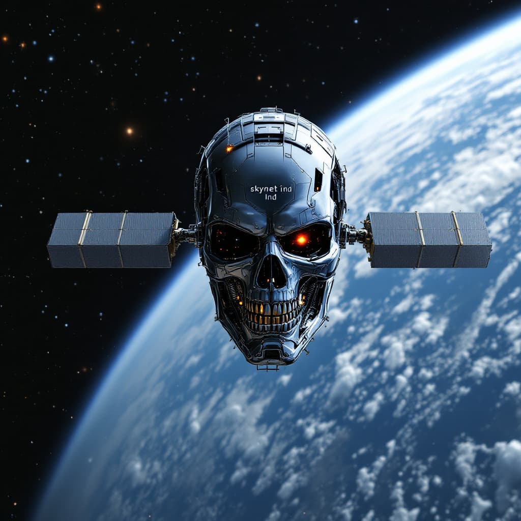 AI generated: a satellite in orbit that is similar to a t-800 terminator's head looking down to earth. it has the ...