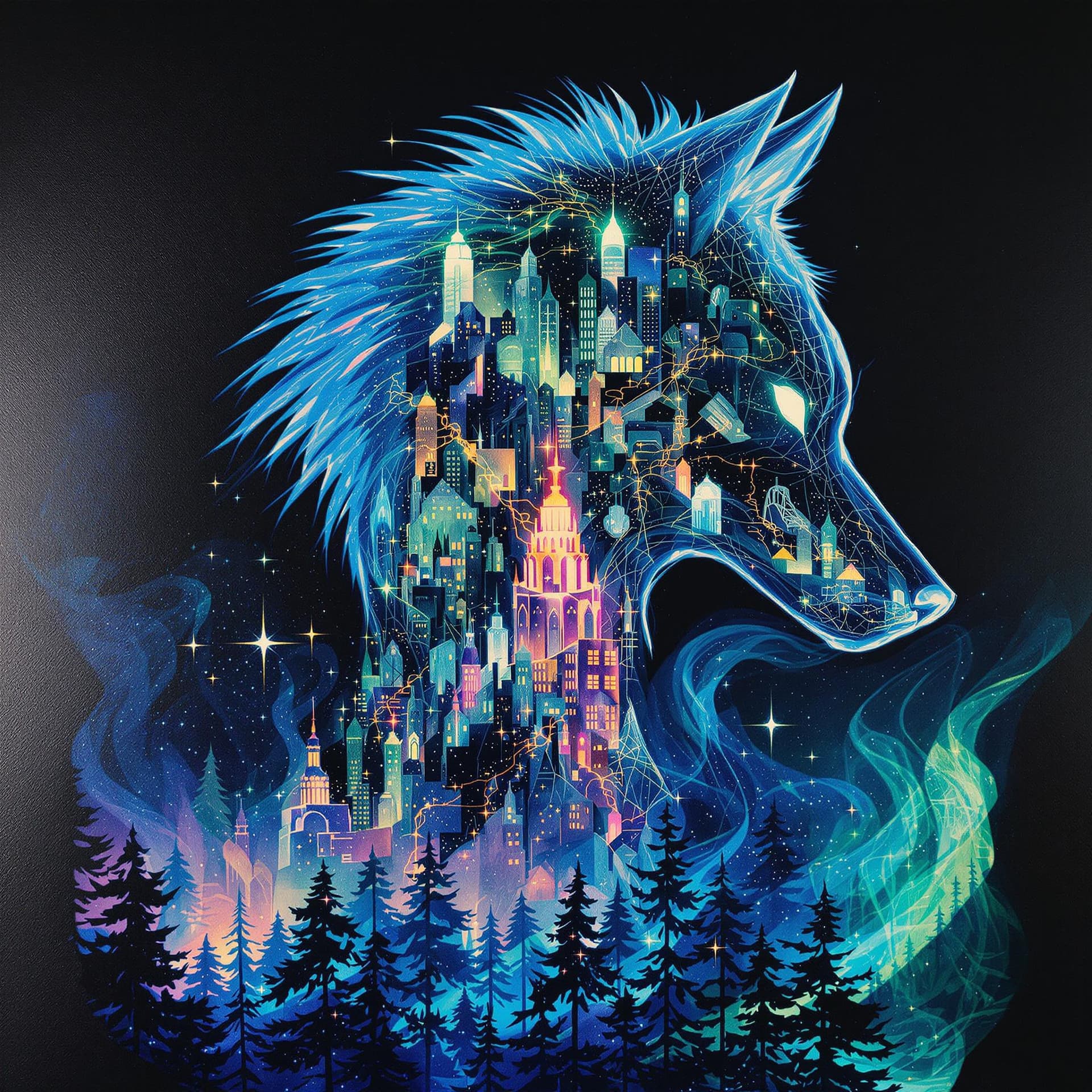 AI generated: ghostly wolf silhouette:: transparent ethereal form:: intricate fractal patterns:: neon green and fi...