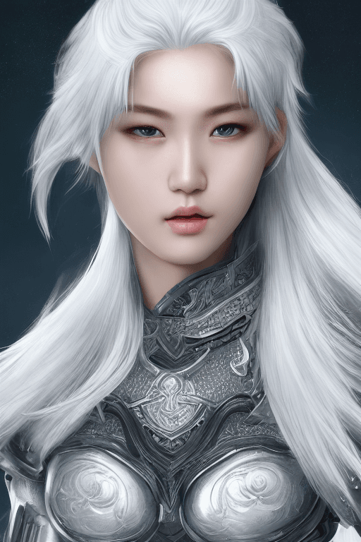 AI generated: white hair, intricate azure armor, detailed gorgeous face, beautiful young South Korean girl, medium...