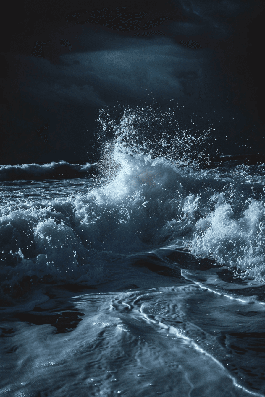 AI generated: a wave crashing against the shore at night, dark sky, dark sea, low angle, photo realistic, --ar 85:...