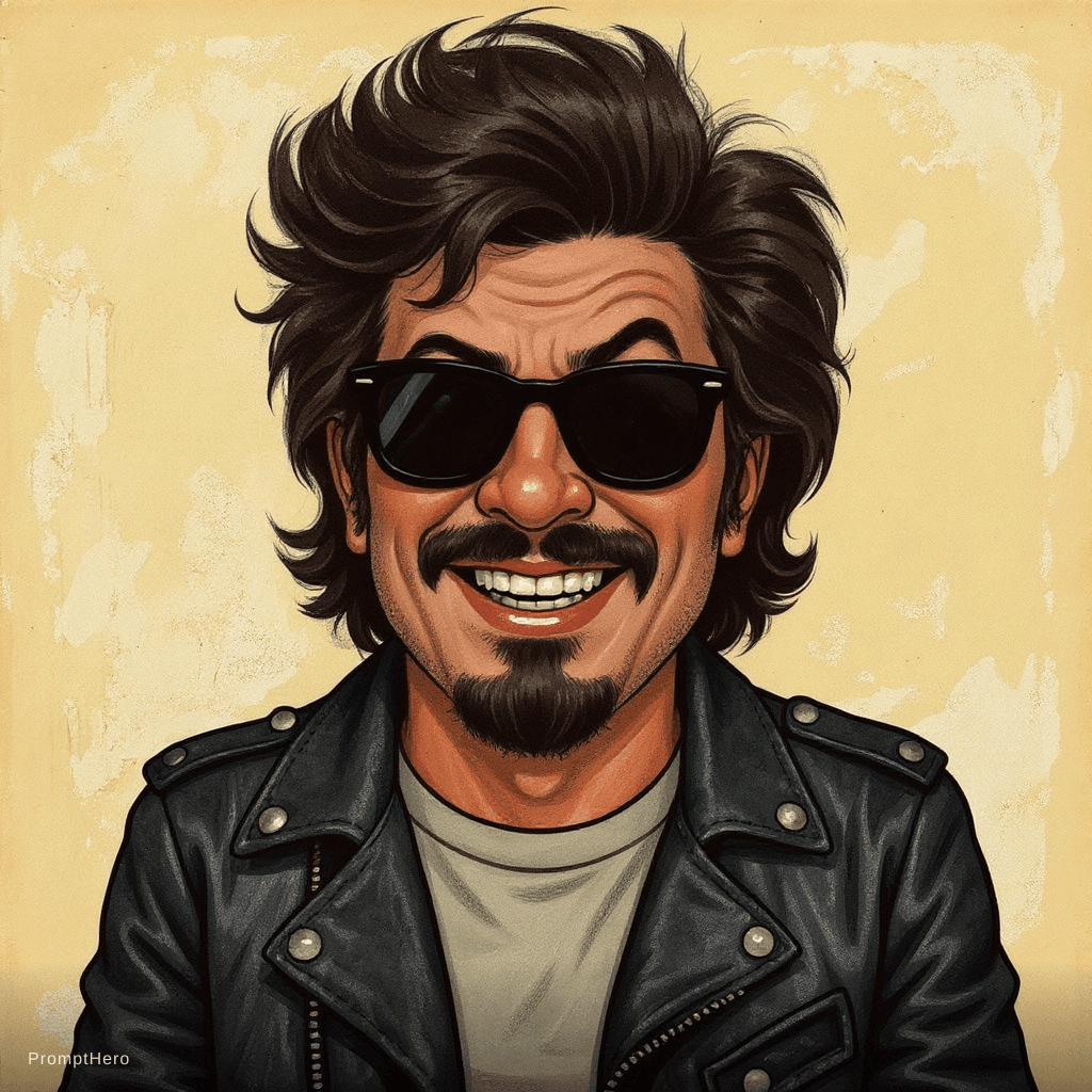 AI generated: A caricature of a 60s rocker with a rocker haircut, sunglasses and a smirk on his face. Dressed in a...
