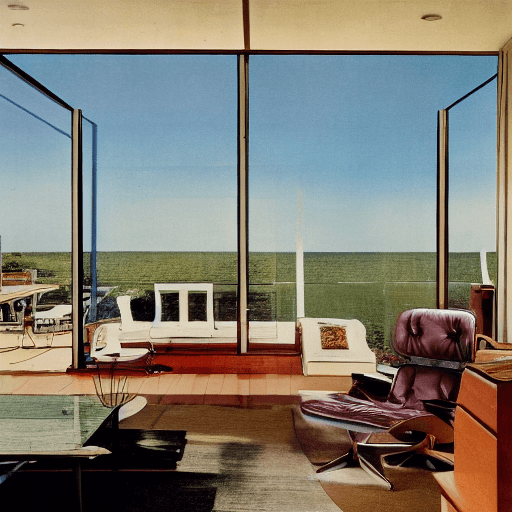 AI generated: Hyper realistic eye level exterior photo of a mid century modern style house overlooking the ocean, ...