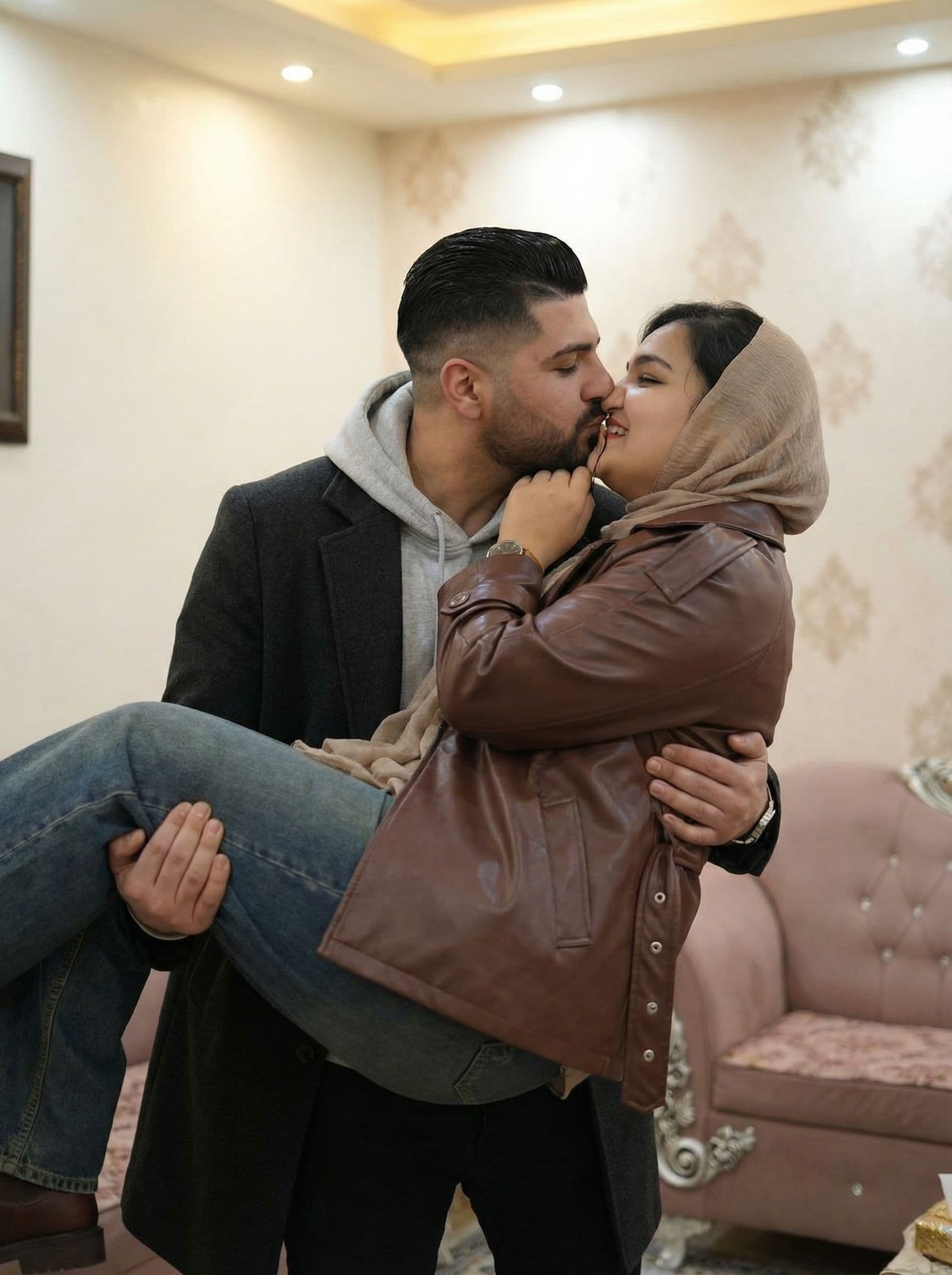 AI generated: The man lifting the women on his arms and kissing the lips and woman starting to eat chest of man