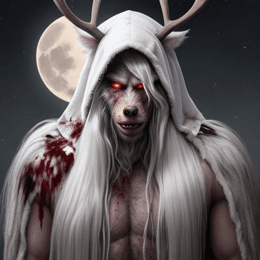 AI generated: Hyper realistic Huge werewolf with long white hair. It has large antlers at the top of its head. It'...