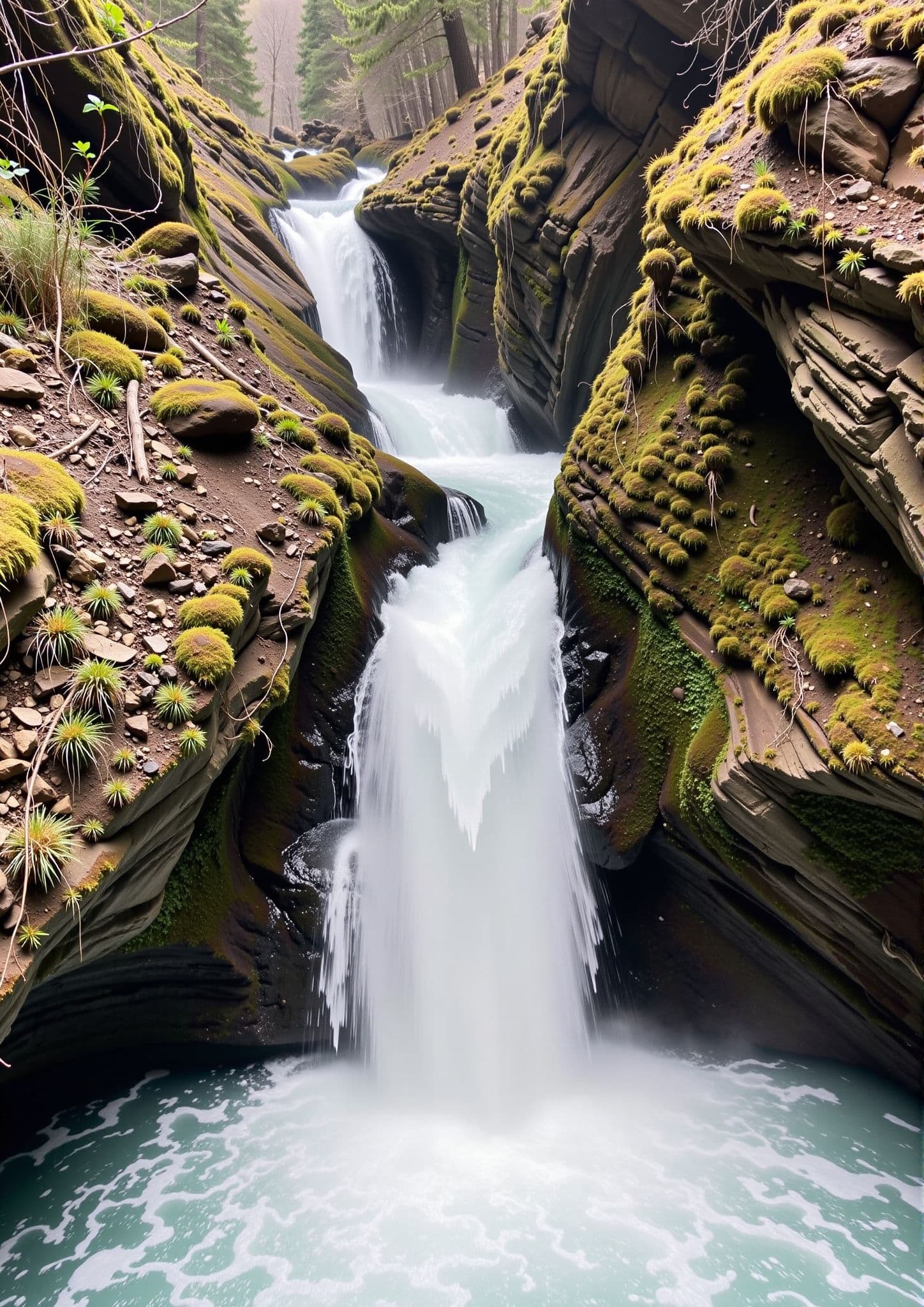 AI generated: A narrow, powerful waterfall cascading down moss-covered cliffs into a turquoise pool.