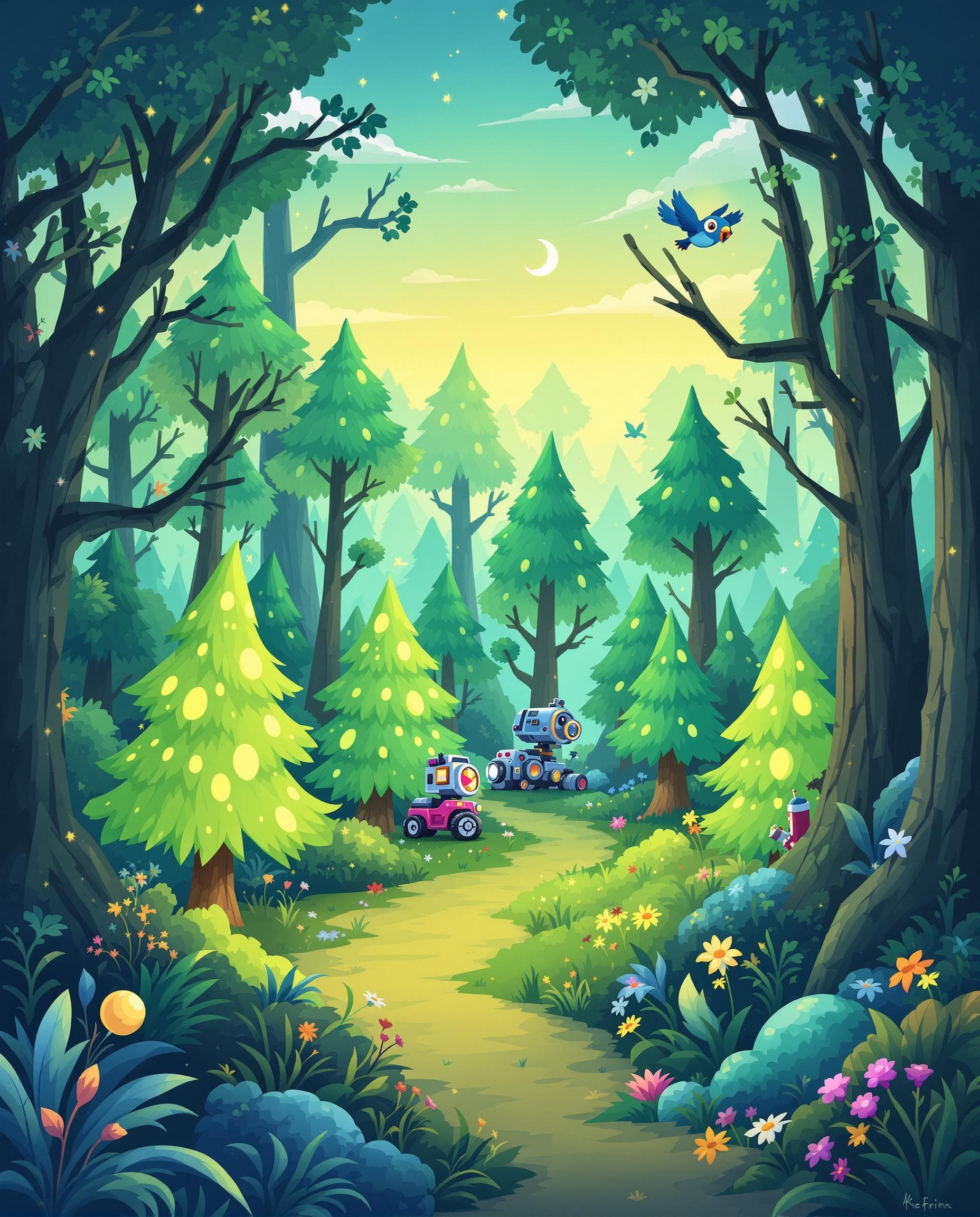 AI generated: "A whimsical cartoon-style enchanted forest with miniature glowing trees, a small moon peeking in th...