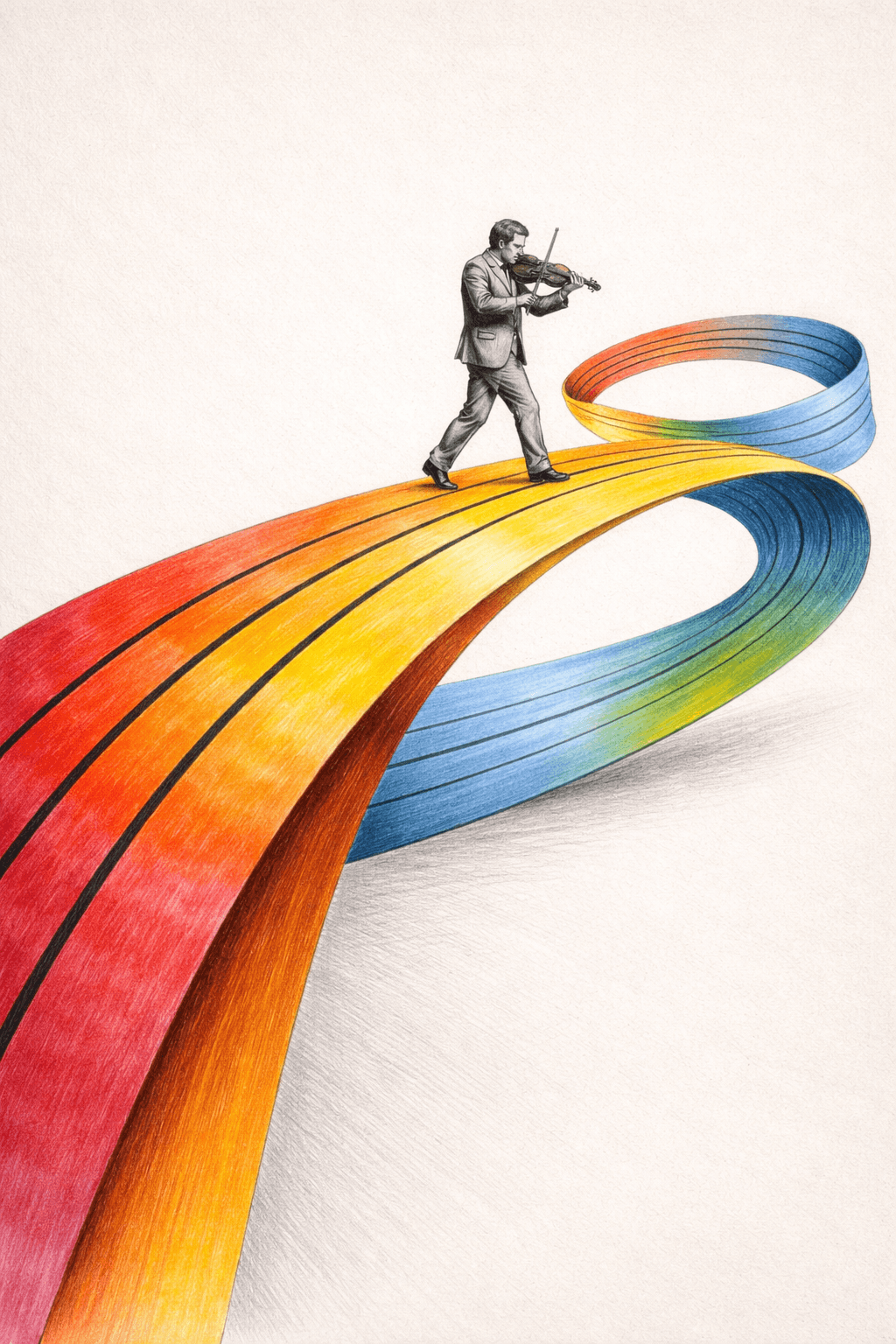 AI generated: Wide colored ribbon with strong volumetric form and clear curvature,
the ribbon flows from the left ...