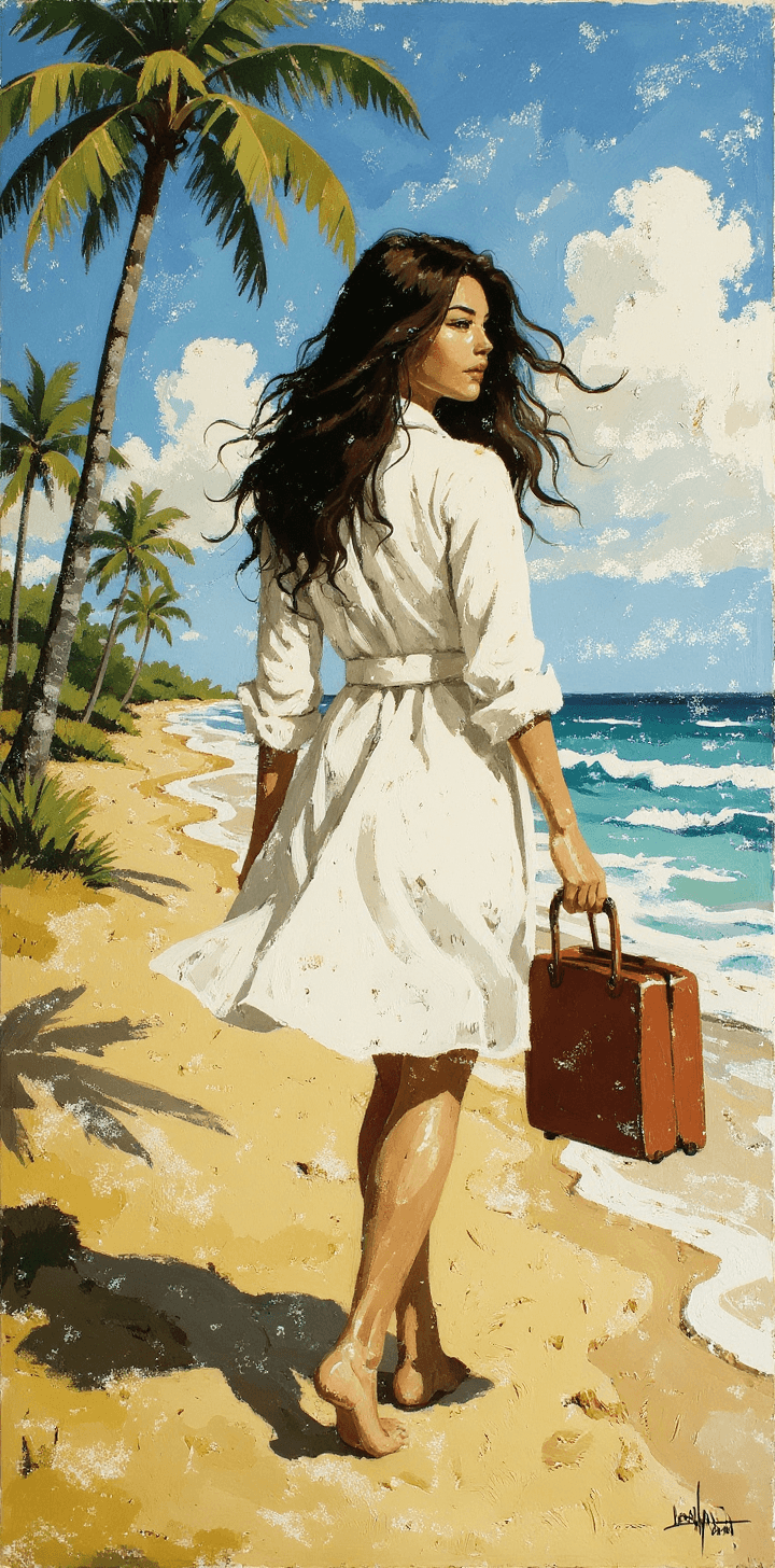 AI generated: a painting of a woman, in the style of brushstroke-intensive portraits, walking away with luggage, p...