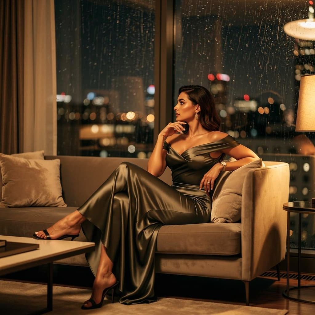 AI generated: "A stunning, luxurious woman with a captivating, well-toned physique sits elegantly on a plush sofa ...