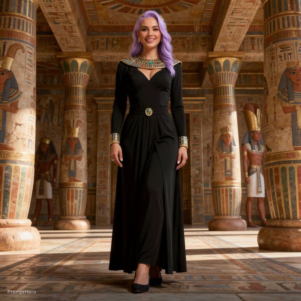 AI generated: A photo of a 20 year old latino light purple hairs, queen with old egyptian facial features, wears l...