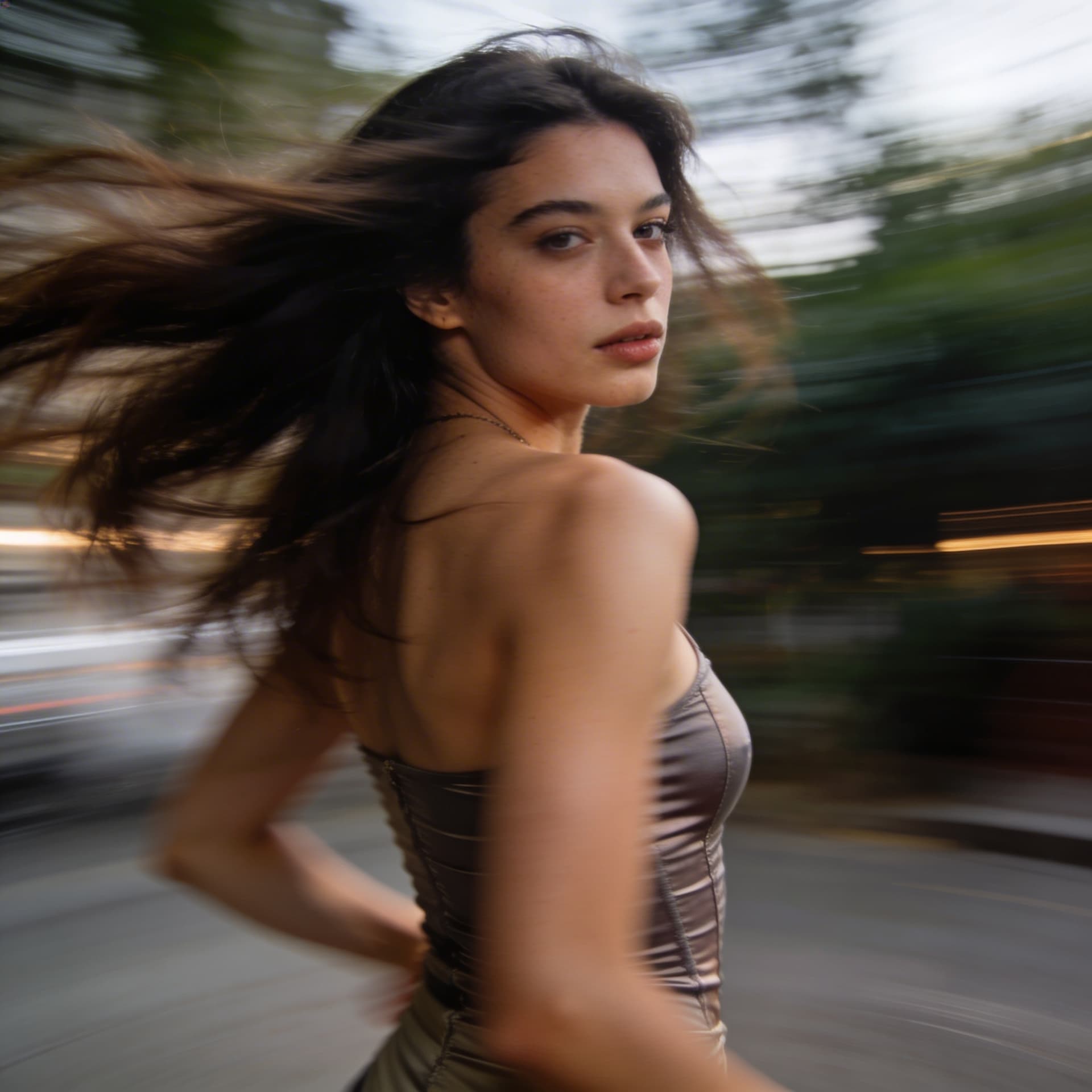 AI generated: A striking young female turns mid-movement, her hair trailing with motion blur. She wears a fitted g...