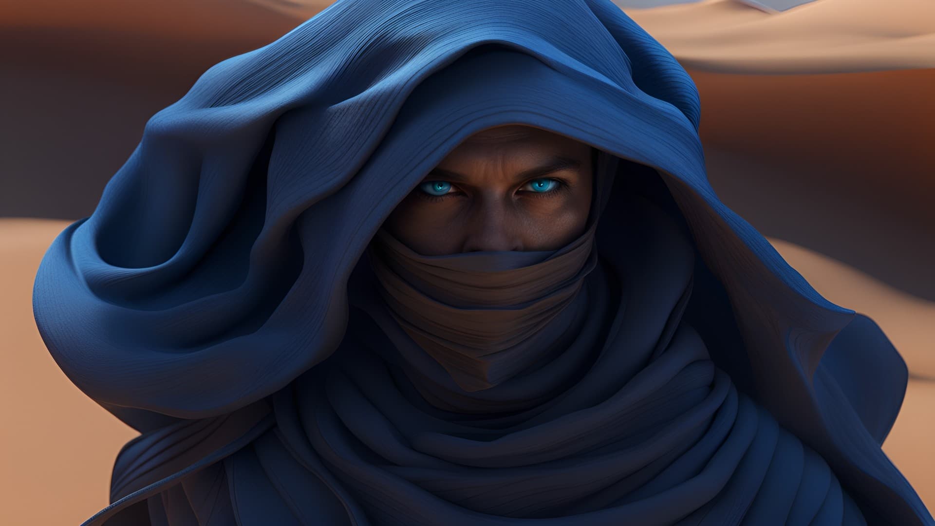 AI generated: deserts of arrakis, arrakeen, paul muad dib standing will this stillsuit and ble in blue eyes. dune ...