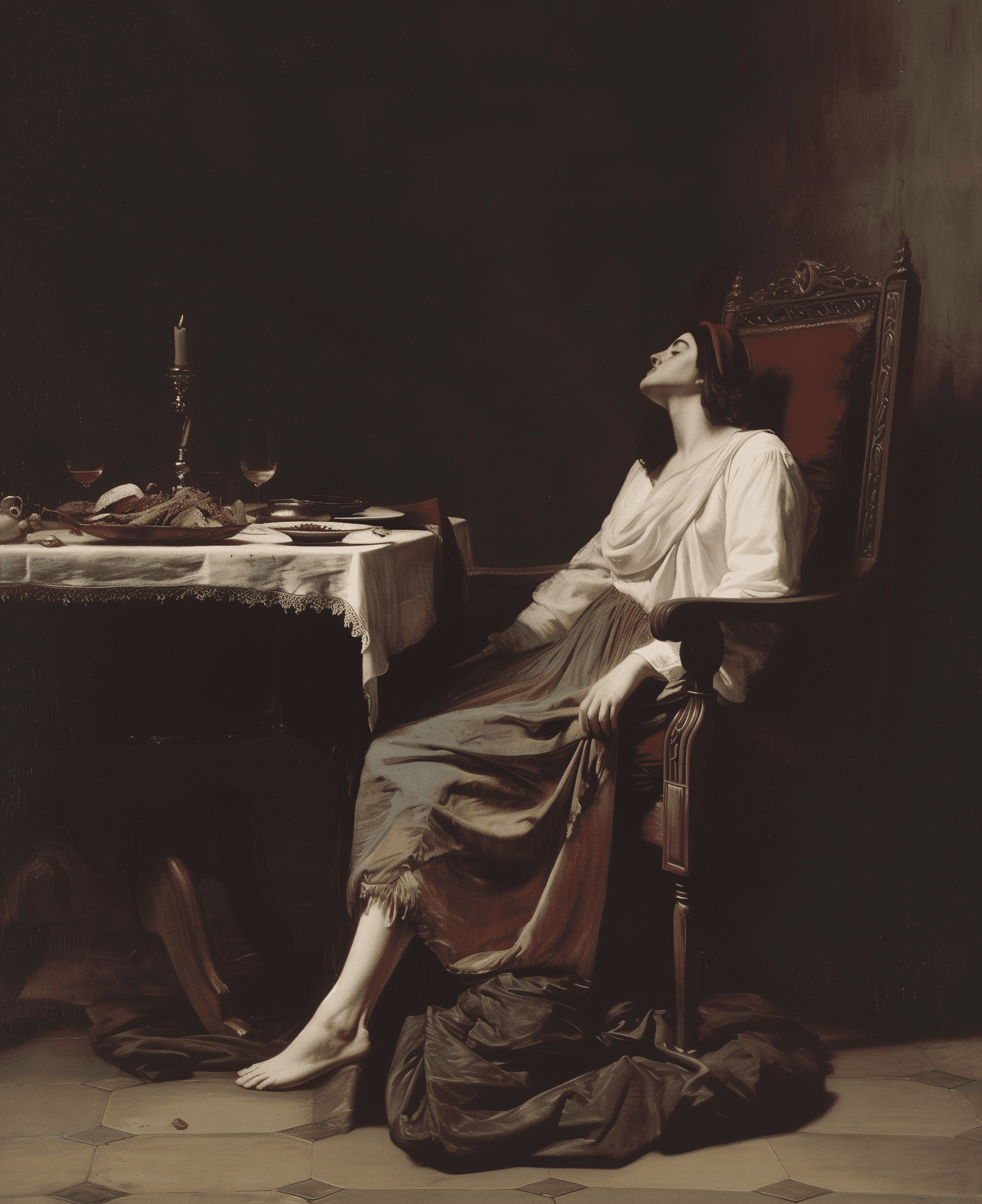 AI generated: A woman sits on the edge of an armchair, her head is wrapped in fabric and she has red shoes. A man ...