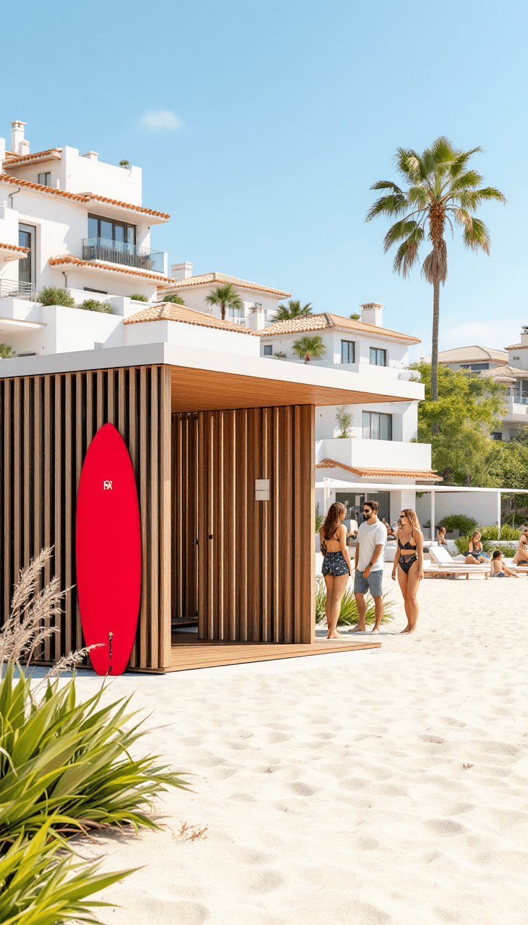 AI generated: A high-quality vertical rendering of a modern coastal lifeguard station with sleek wooden slats and ...