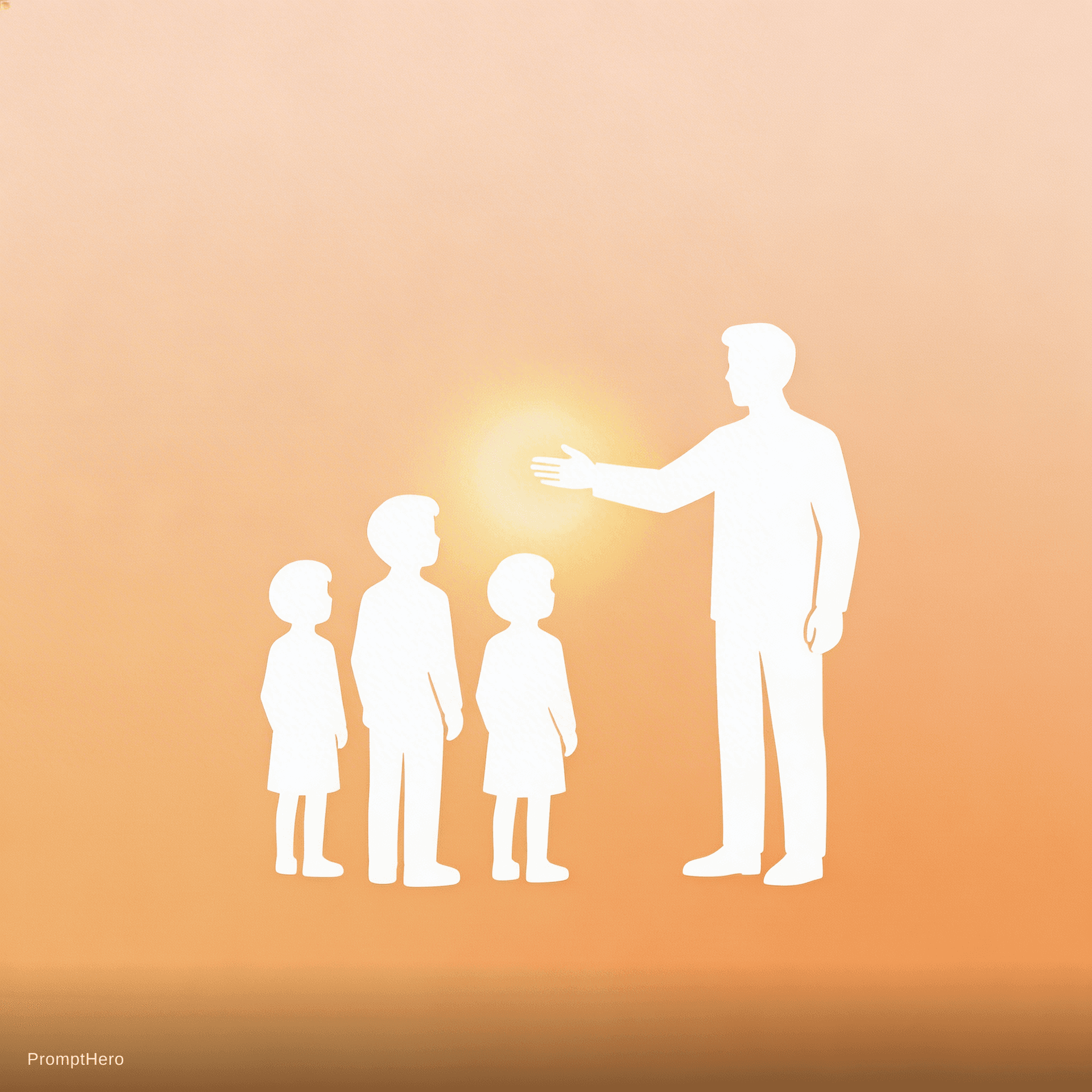 AI generated: Create a meaningful landscape logo of a teacher guiding students, minimal silhouette style, soft war...