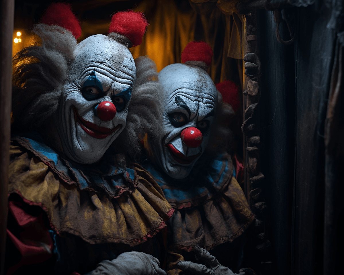 AI generated: Award winning photographyof two scary clowns, full body, inside of electric circus, mystical atmosph...