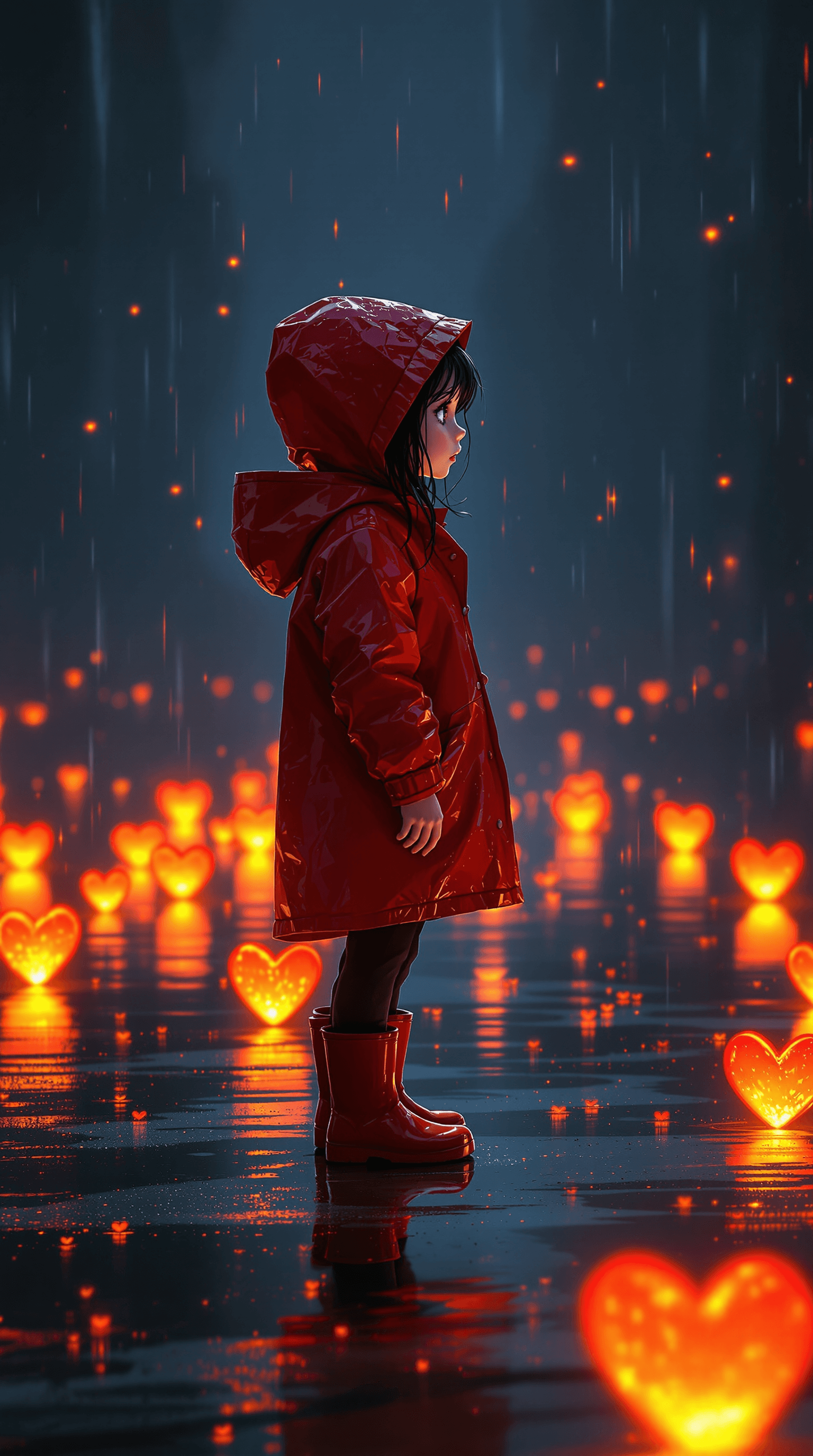 AI generated: A semi-realistic digital painting of a young female child standing alone in the rain, full-body side...