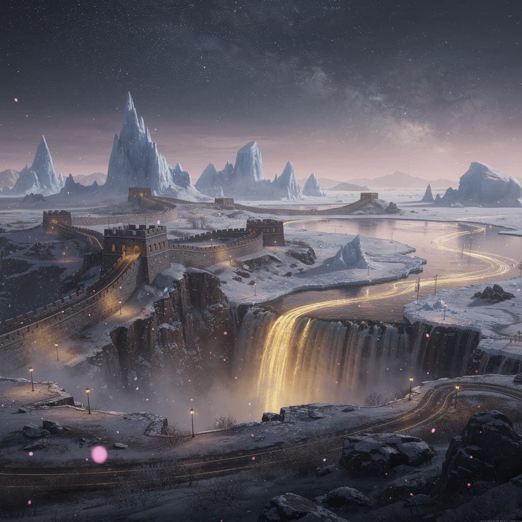 AI generated: This is a surreal and complex cg rendering at night, the light pink sky covers the great falls on th...