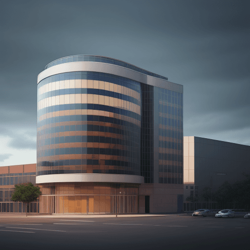 AI generated: photorealistic, canon EOS 5d, minimalistic medium scale office building, curved brick, geometric sha...