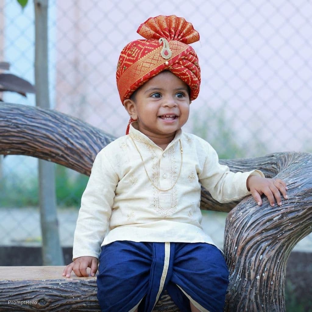 AI generated: a cute baby in haryanvi dress including dhoti kurta and pagdi 
