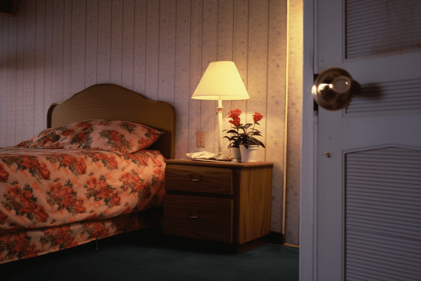 AI generated: A photograph of the bed in an American motel room from the early 1980s, featuring floral patterned b...