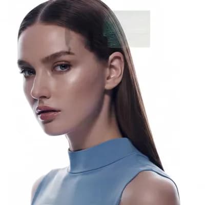 AI generated video: glitch art portrait, single woman with clearly defined edges, gaze, pure white background, clean min...
