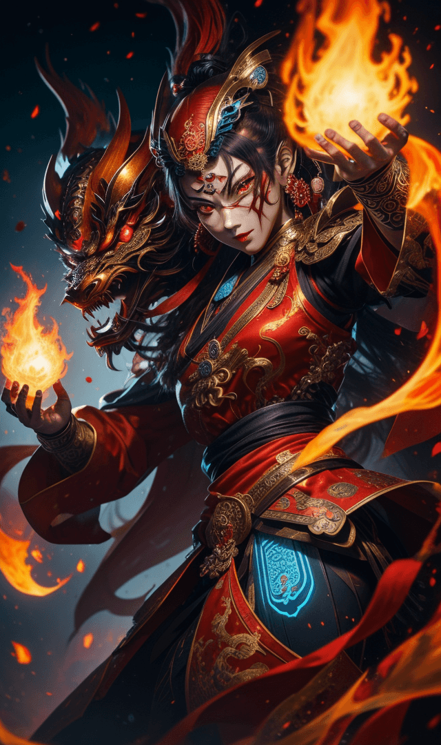 AI generated: a chinese character in a fiery costume with red eyes, in the style of realistic hyper-detailed portr...