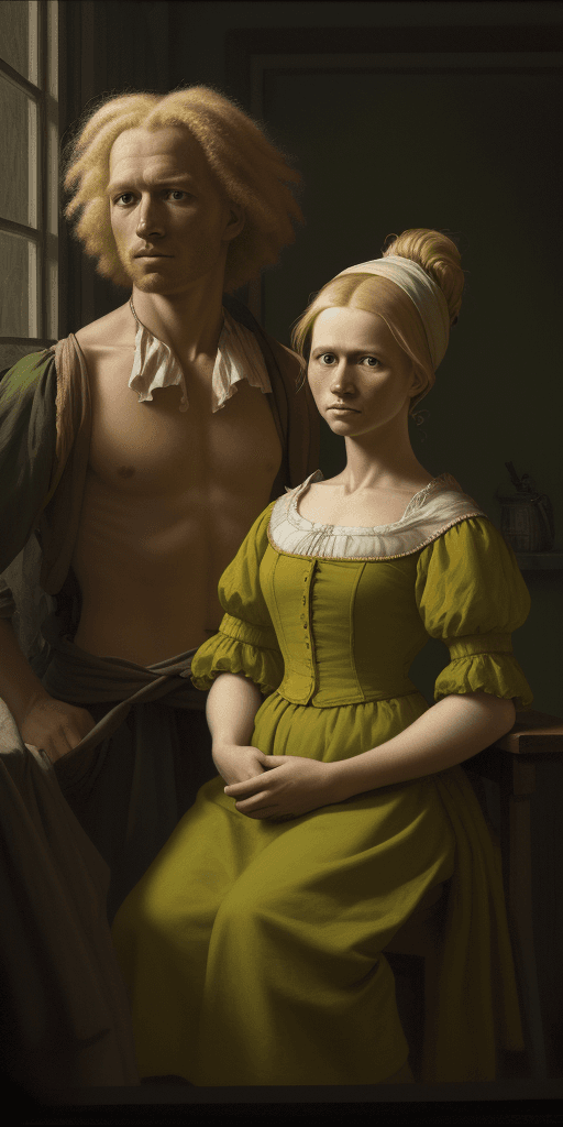 AI generated: Portrait of a blond Dutch man, Papuan woman, in the style of dutch realism, lightbox, dark yellow an...