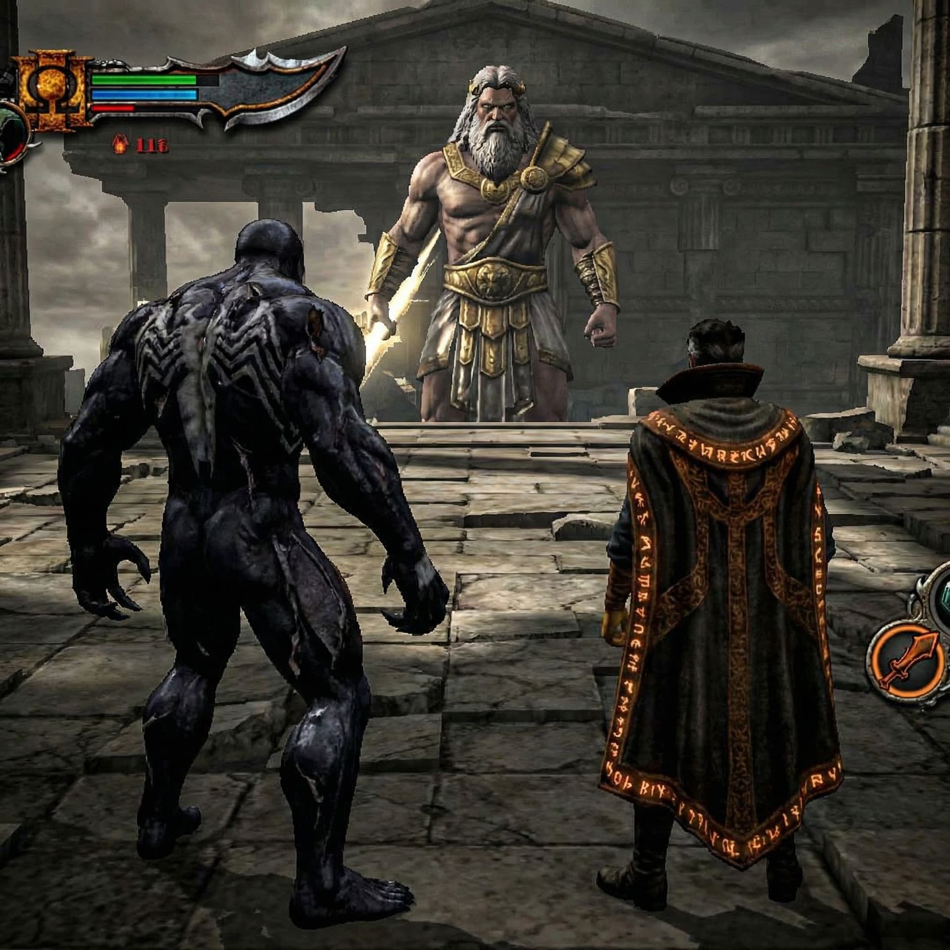 AI generated: Doctor strange and venom facing zeus in god of war 3 , make the image with god of war 3 graphics 