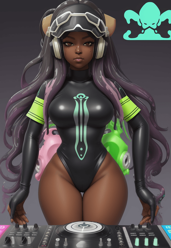 AI generated: goddess, long hair, Splatoon, dark skin, leotard, thick thighs, helmet headset, smug and dominant, h...