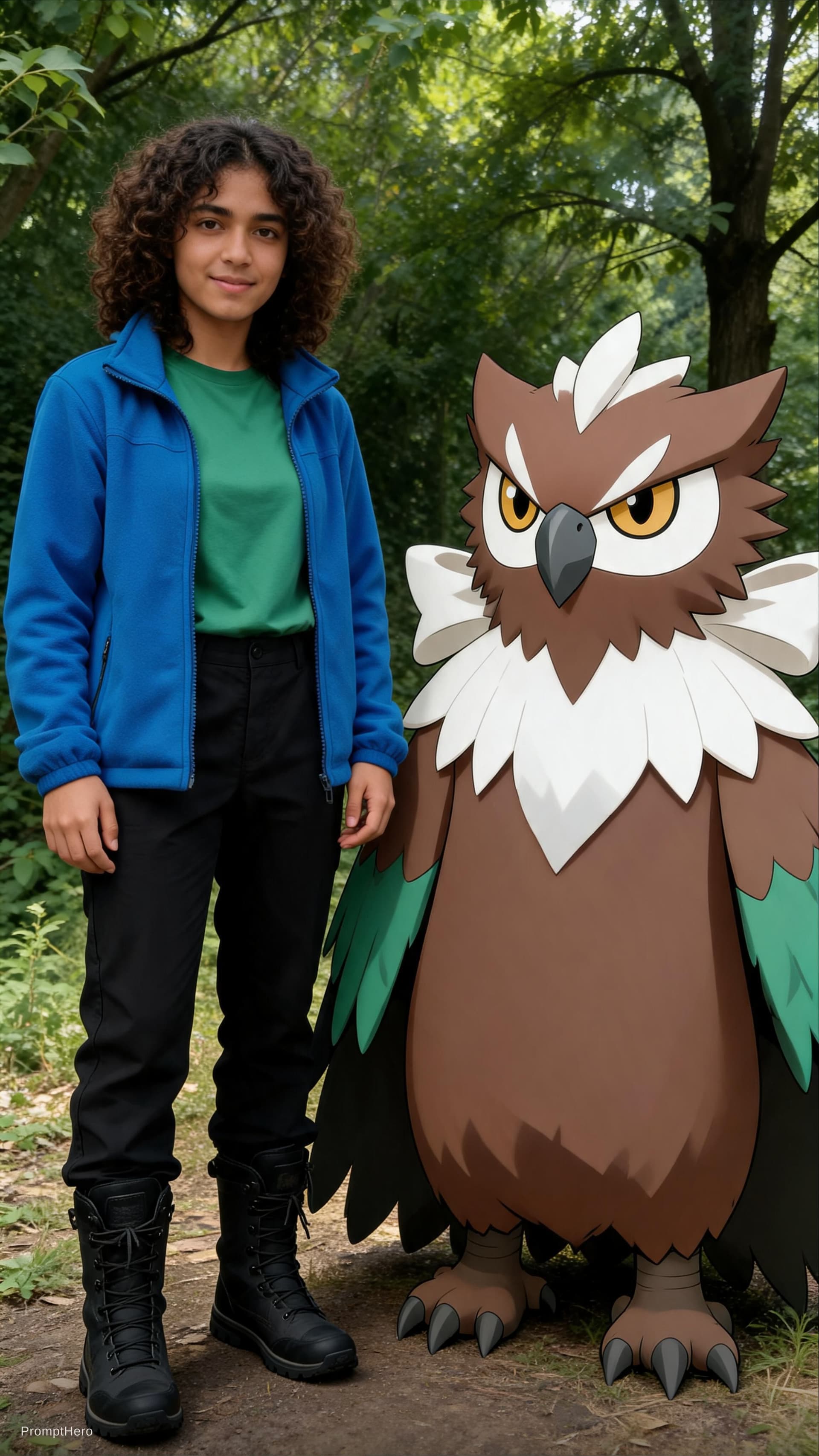 AI generated: a decidueye with a trainer wearing a blue fleece a green top black walking trousers and walking boot...