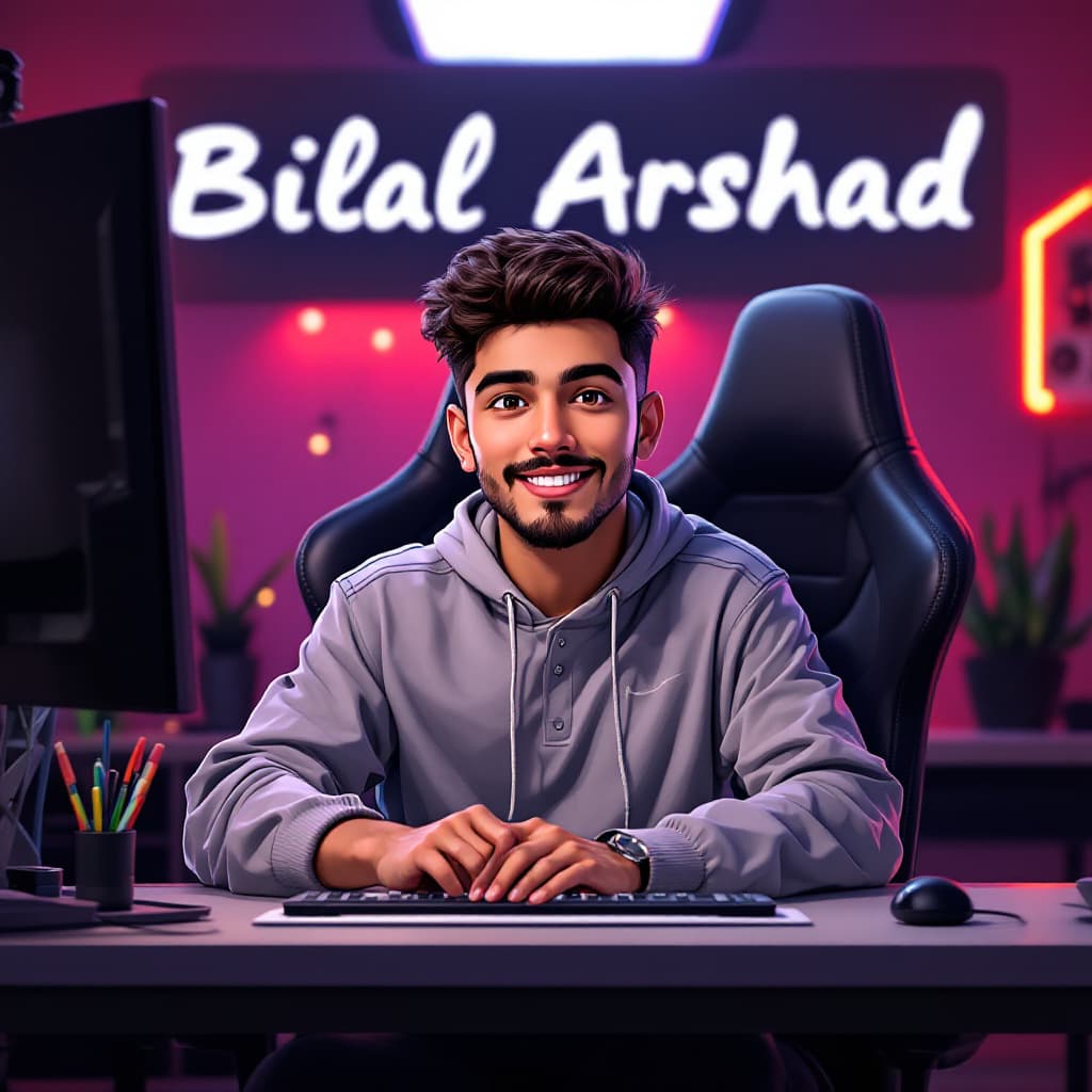 AI generated: Create an anime-style young man facing in front. He is a YouTube content creator sitting at a modern...
