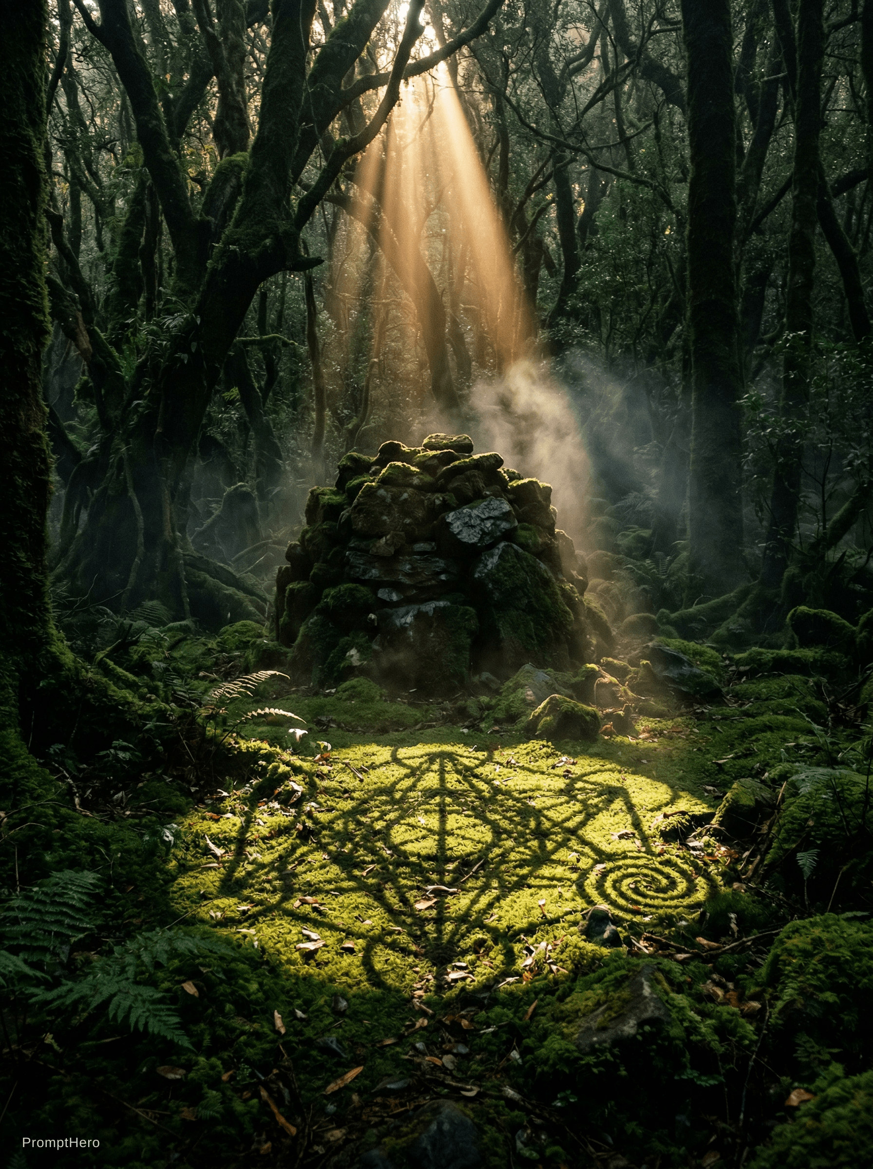 AI generated: Ancient pile of stones in deep forest at dawn, single shaft of warm light breaking through canopy, c...