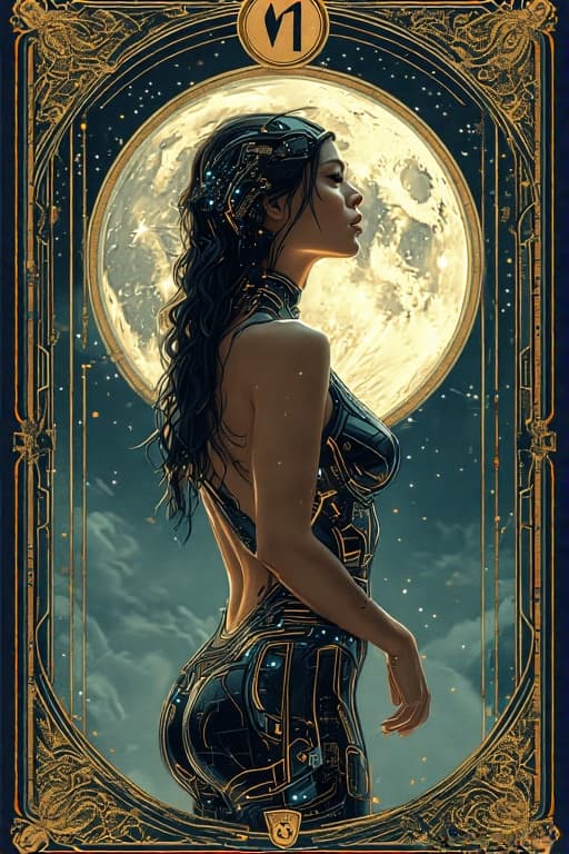 AI generated: tarot card with intricate detailed frame around the outside |side profile of cyberpunk head with lar...