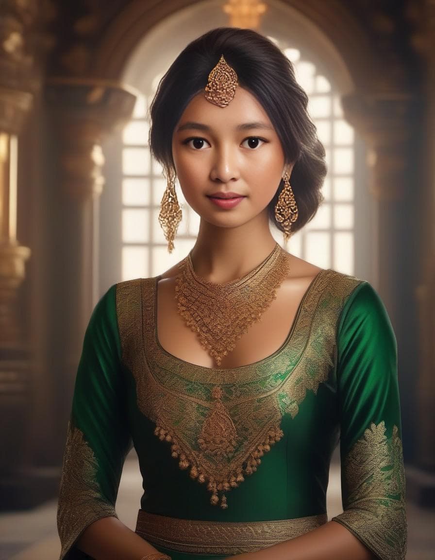 AI generated: Beautiful girl in full growth, in a green dress, with expensive jewelry, white hair, medium build, w...